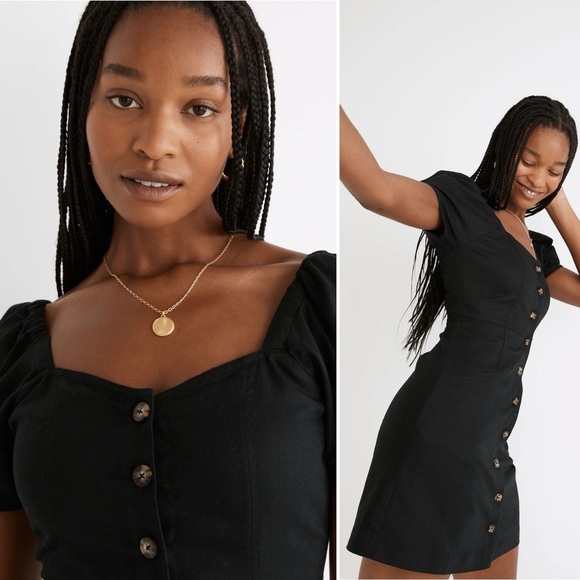 Madewell Linen Cotton Puff Sleeve Mini Dress 4 black minimalist button front - Picture 13 of 13